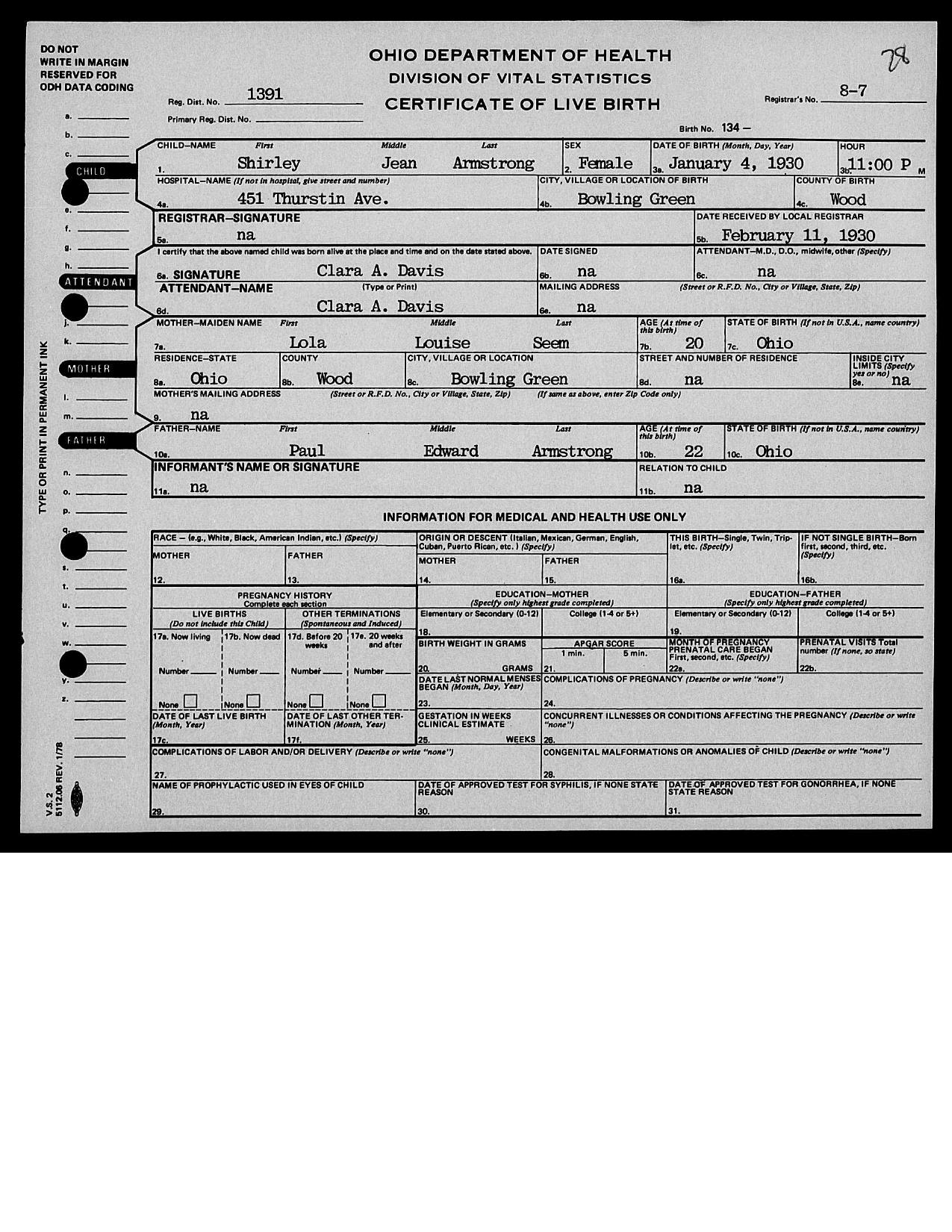 First page preview of birth-certificate-shirley-jean-armstrong-1930-original-with-citation.pdf