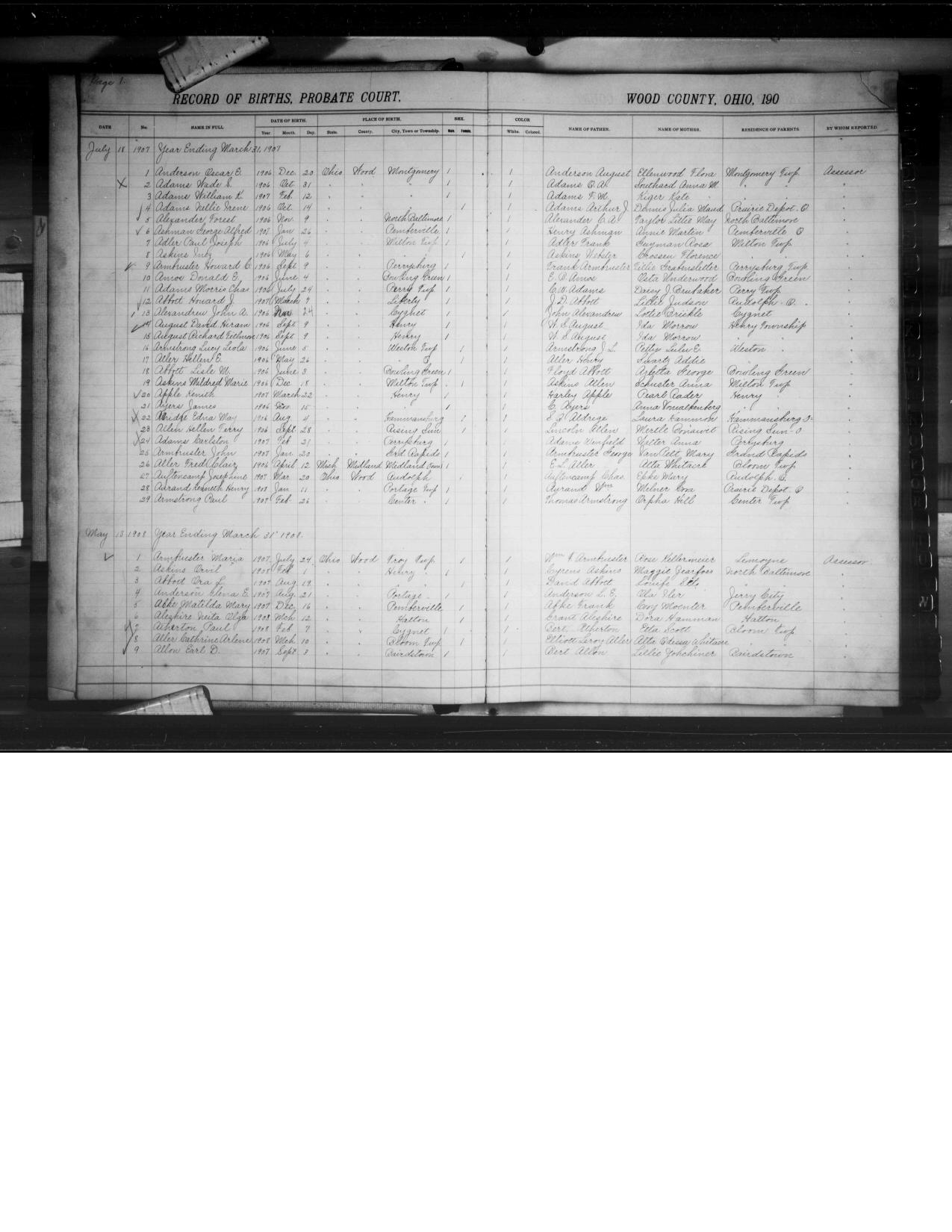 First page preview of birth-register-probate-court-paul-edward-armstrong-1907-original-with-citation.pdf