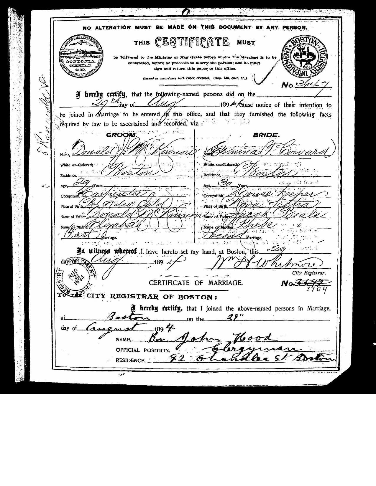 First page preview of marriage-record-for-donald-kiviniemi-and-elmiina-rivard-1894-original-with-citation.pdf
