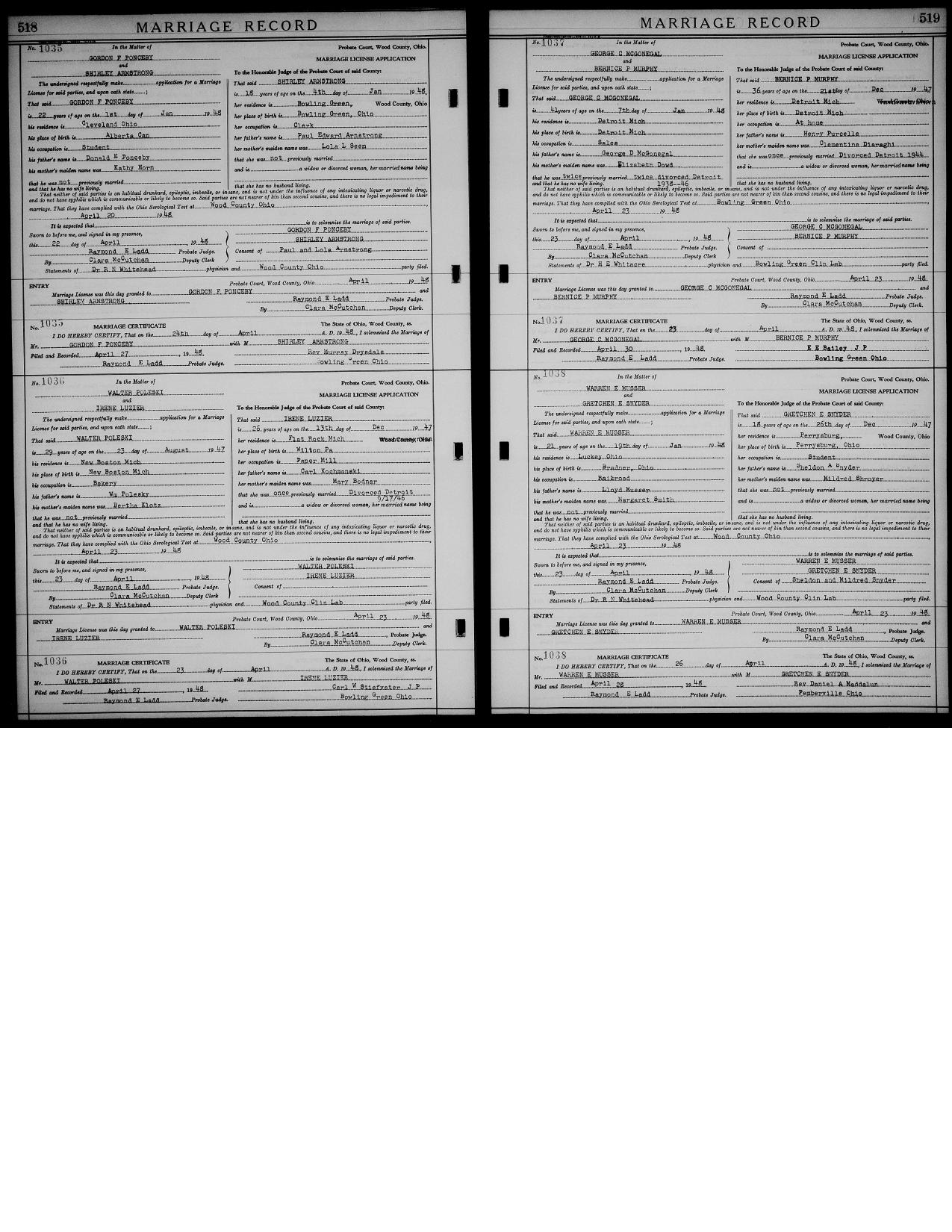 First page preview of marriage-record-gordon-f-ponceby-shirley-armstrong-1948-original-with-citation.pdf