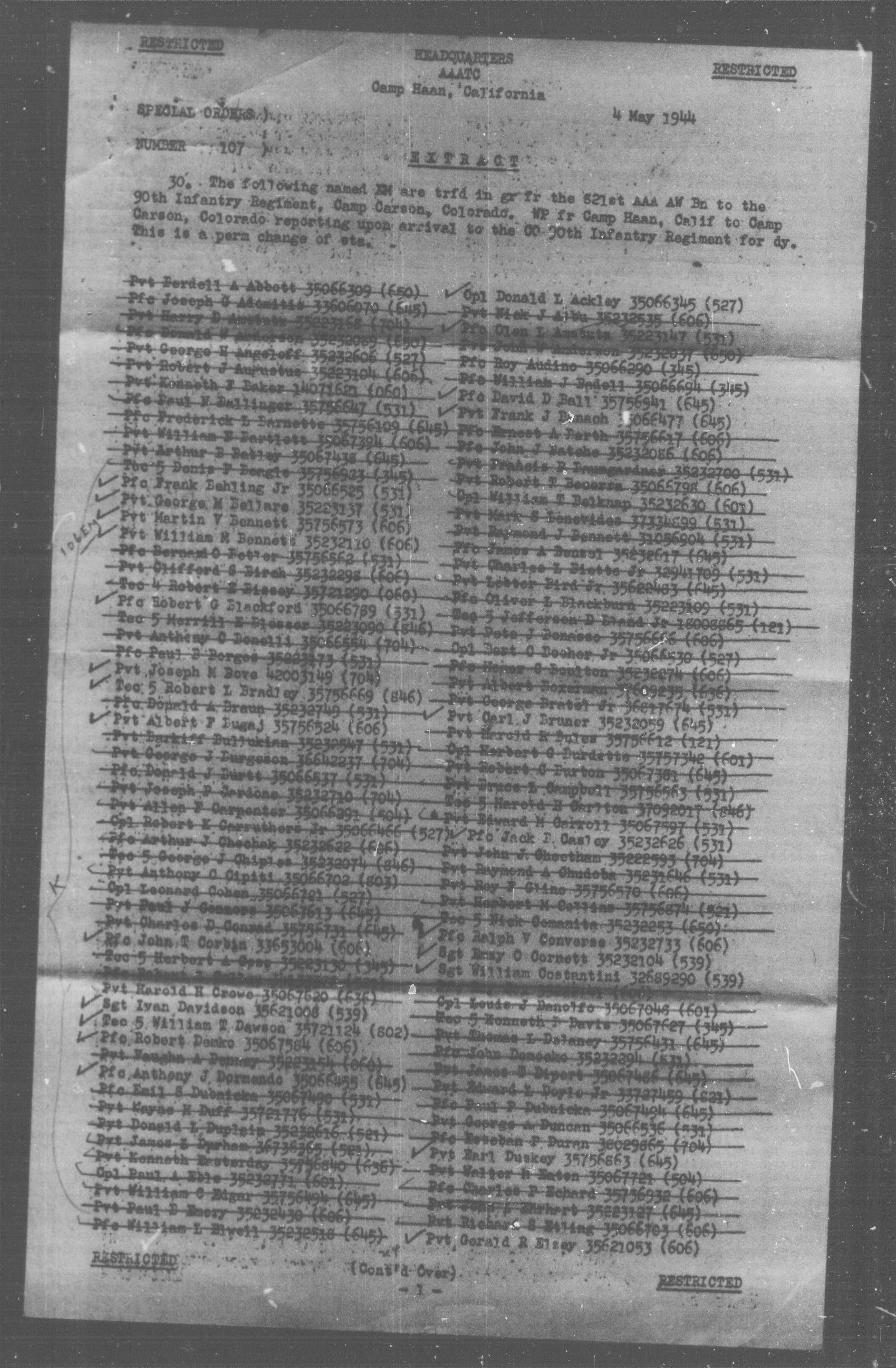 First page preview of nara-camp-haan-821st-aaa-aw-bn-transfer-order-for-arthur-j-iacofano-1944.pdf