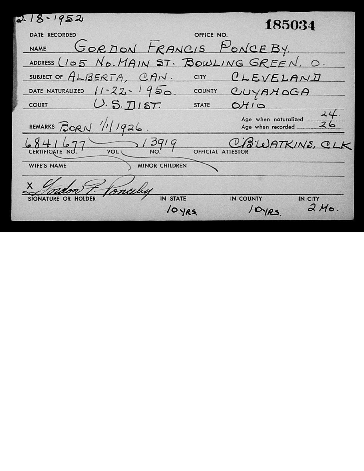 First page preview of naturalization-card-gordon-francis-ponceby-1952.pdf