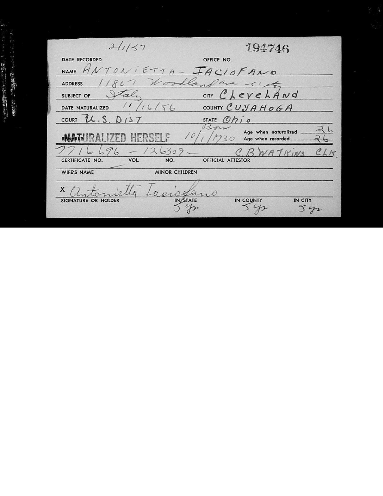 First page preview of naturalized-voter-index-card-for-antonietta-iaciofano-1956-cleaned.pdf